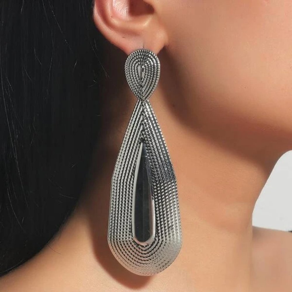 NEW Silver Textured Waterdrop‎ Drop Dangle Earrings Boho Statement Large Boho